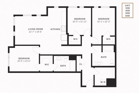 Floor plan for 3 beds, 2 baths, 1349 sqft
